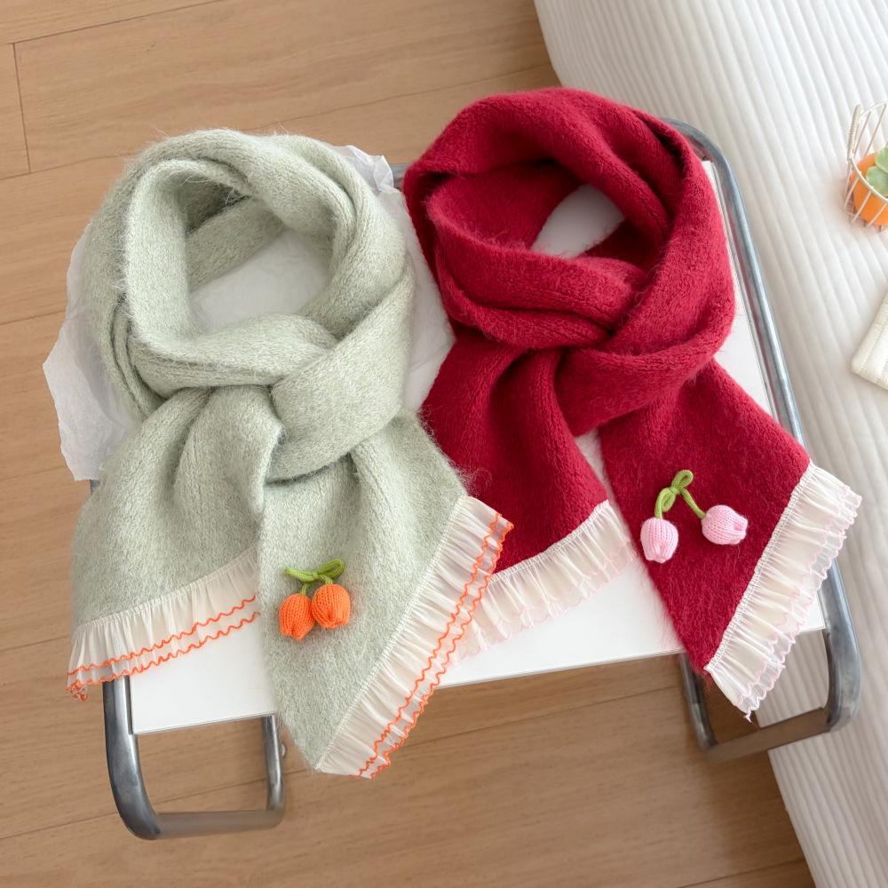 New Knitted Scarf Cherry Embroidery Fungus Edge Soft Waxy Warm Scarf Sweet Versatile Neck Cover
