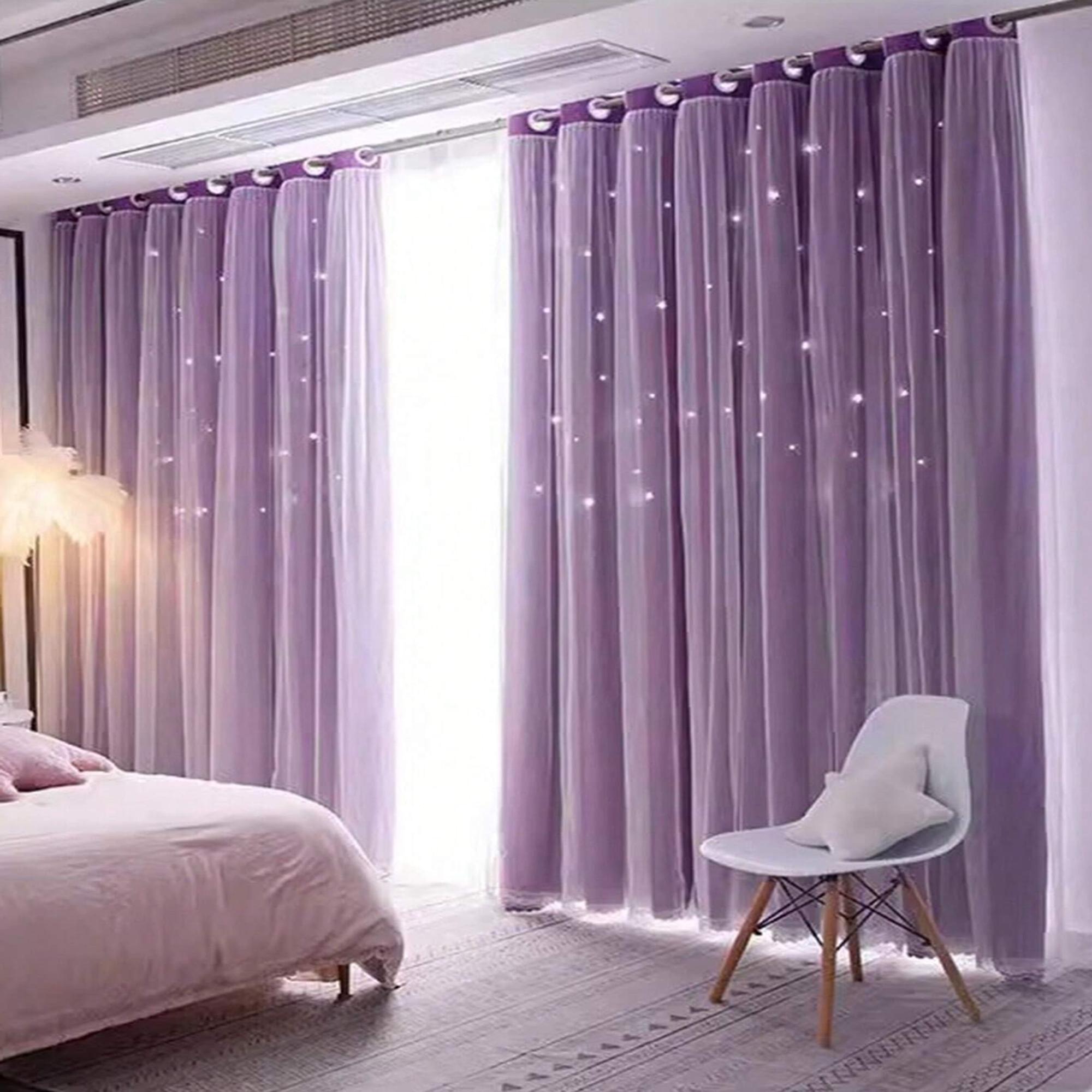 1 stuk Paarse Stijlvolle Dubbellaagse Verduisterende Gordijnen Met Doorzichtig Stof, Met Stervormig Gat Ontwerp, voor Woonkamer, Slaapkamer 1pc W100xL200 cm&Grommet Top