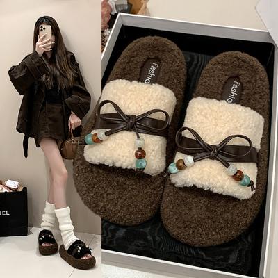 Roll Thick-soled Fluffy Slippers Outer Wear 2025 Autumn and Winter New Belt Buckle Bow Home Plush Cotton Slippers