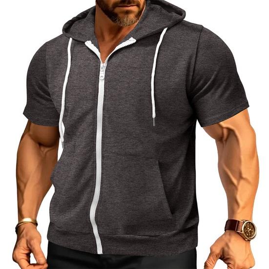 Men's Zip-up Hooded T-Shirt Summer Short Sleeve Hoodie Tee Solid Color Full Zipper Tee Shirt with Pockets for Daily Sports Street Gym