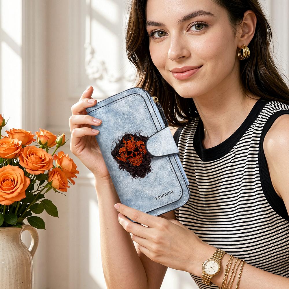 Gothic Skull Printed Long Wallet for Daily Use Stylish Portable Card Holder