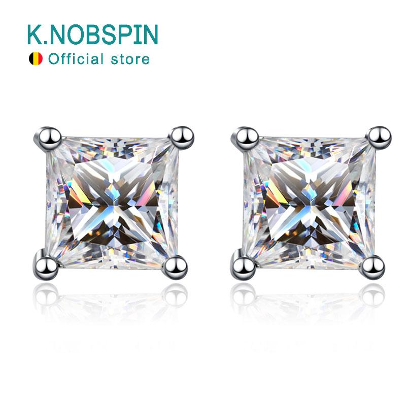 KNOBSPIN D Princess Cut Moissanite Earring S925 Sliver Plated with White Gold Earrings for Women Fine Jewelry