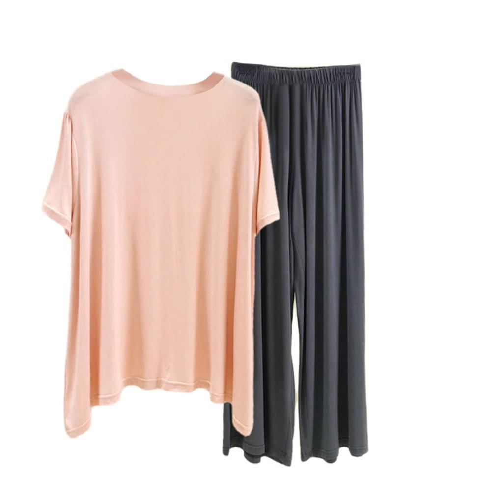 Women's Loose Casual Round Neck Short Sleeved T-shirt Long Pants Set Solid Color Pajamas