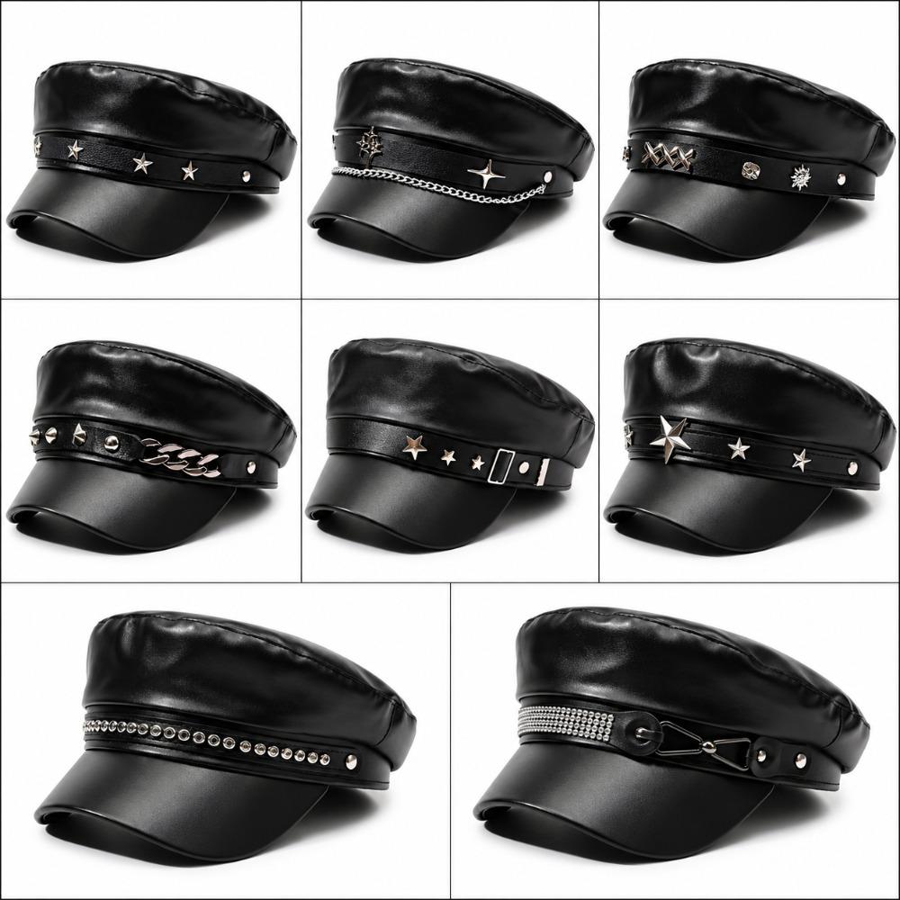 Black Beret Hat PU Leather Sailor Visor Hat Retro Newsboy Cap