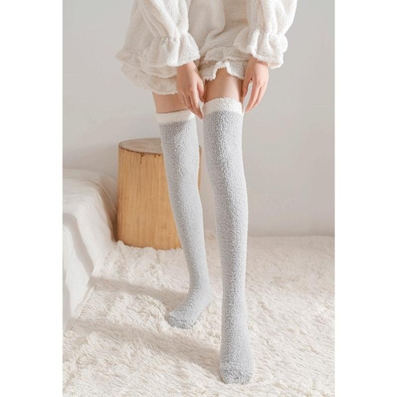 Women's Cute Coral Fleece Thigh High Socks Fuzzy Over The Knee Socks Striped Long Leg Warmers Winter Warm Slipper Socks