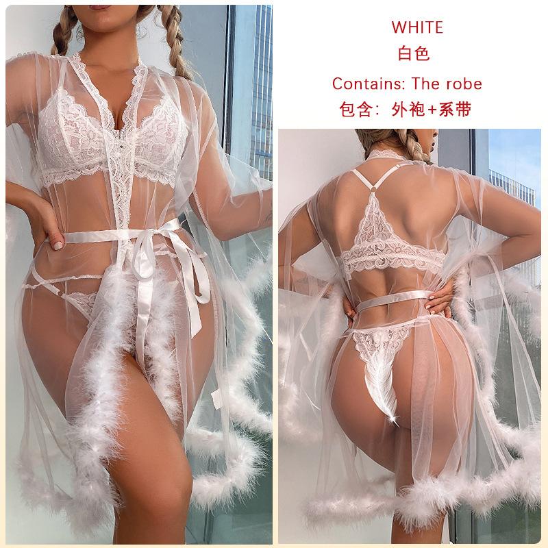 European and American ins style feather-trimmed nightgown V-neck lace-up cardigan long atmosphere sexy robe S белый