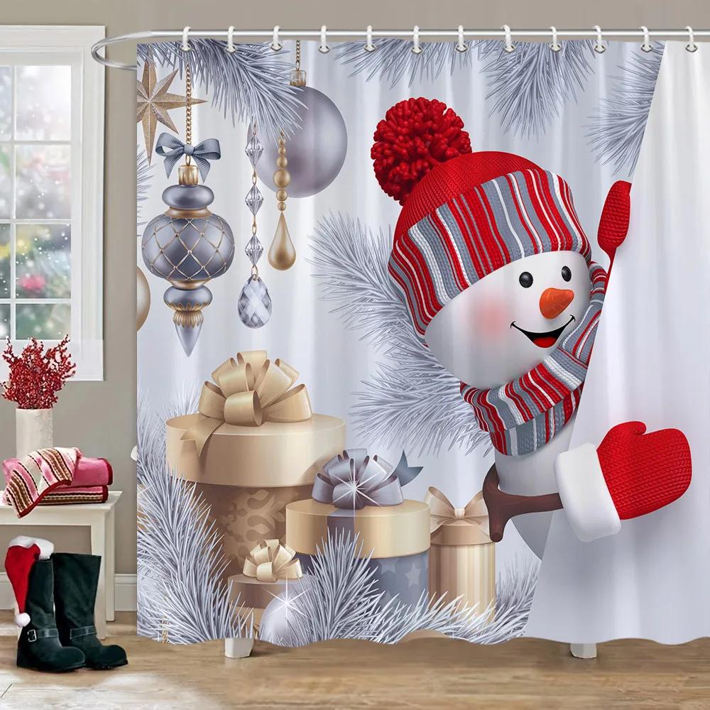 Christmas Snowman Shower Curtain Merry Santa Elf Deer Red Truck Polyester Fabric Printed Bath Curtains Bathroom Decor With Hoo