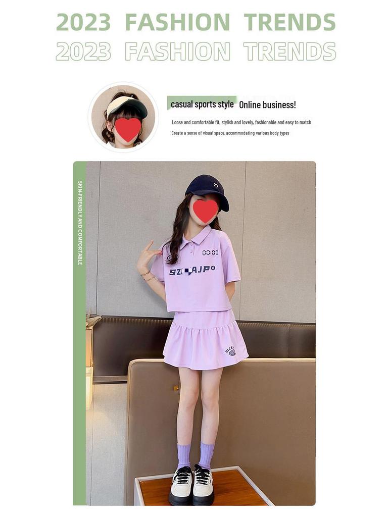 Girls' Summer 2024 Polo Collar Letter Top & Pants Set