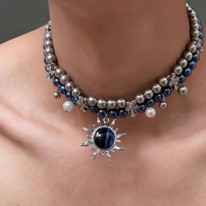 Layered Choker Necklace With Blue Sun Motif Double Pearl Strands Retro Y2K Punk Style Women Blue Sunflower Choker Necklace