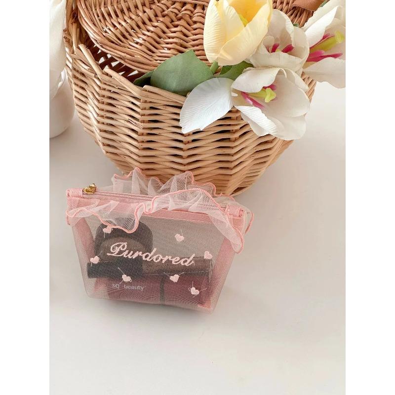 

Сладкая сетчатая косметичка с оборками, косметичка высокой красоты, студенческая портативная сумка для помады, ключей, карт, кошелек для монет, дорожный органайзер