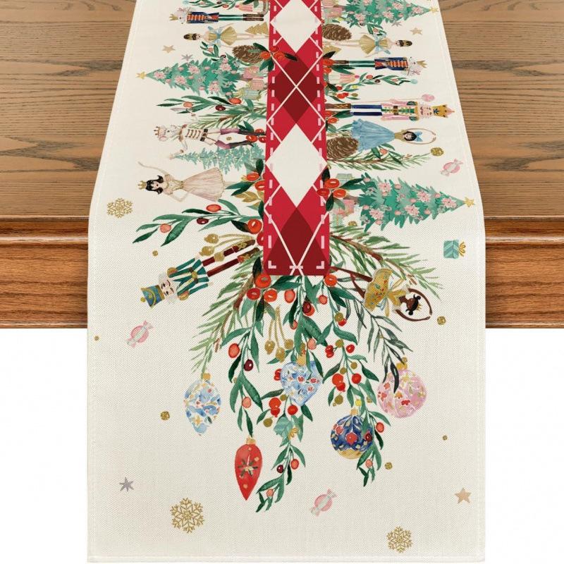 Festive Snowman Christmas Tree Table Runner Home Kitchen Dining Tablecloth for Party Decoration