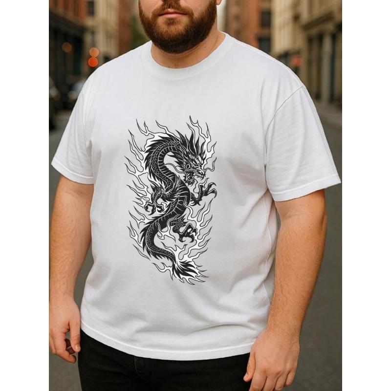 European size A Stylish Short-Sleeved Shirt Featuring a Lucky Oriental Black Dragon Totem for Men, Designed with a Loose Round Neck for Comfort.