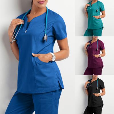 Nurse Top V-Neck Pockets Soft Short Sleeve Anti-Wrinkle Loose Doctor Uniform Workwear