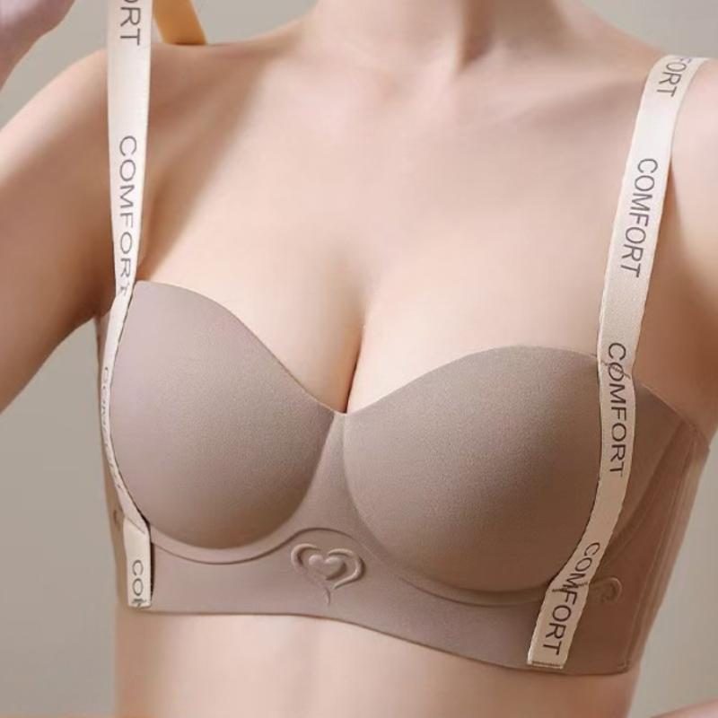 Seamless Push Up Bra with Letters Shoulder Straps Women's Soft Gathered Bra Without Steel Ring