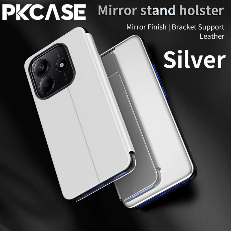 PKCASE Smart Mirror Flip Phone Case for Xiaomi 15T 14T 13T 13 Lite 14 Pro Shockproof Leather Bracket Back Cover Xiaomi 13 Lite серебряный