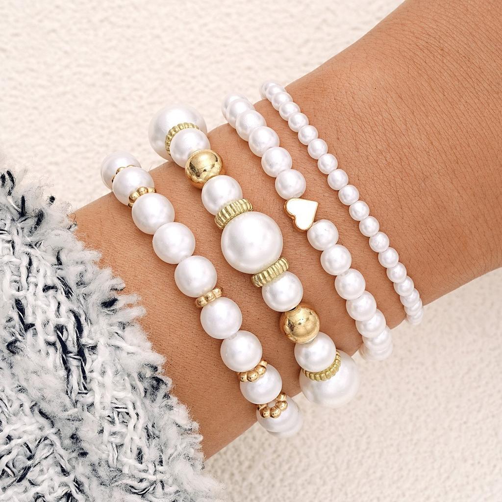 4 Pcs Elegant Boho Heart Charm Beads Bracelet Set Fashion Faux Pearl Layered Bracelets for Women Daily Wear Jewelry Gifts 2026