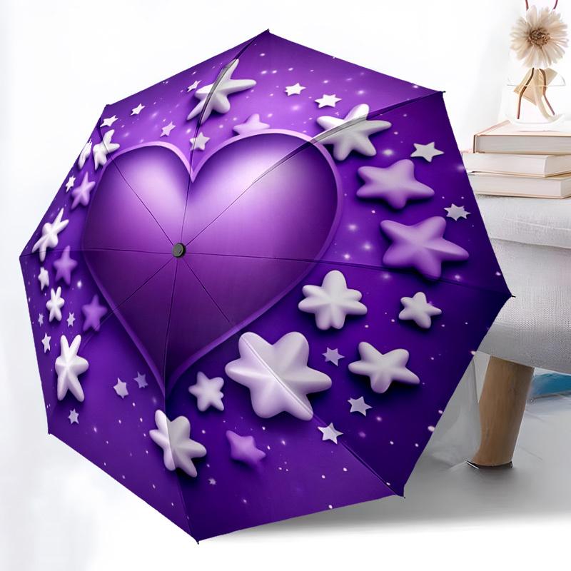 1pc Purple Heart Stars Automatic Folding Umbrella - Portable Collapsible Design, 8-Rib Iron Frame, Durable Fabric Yy251125052