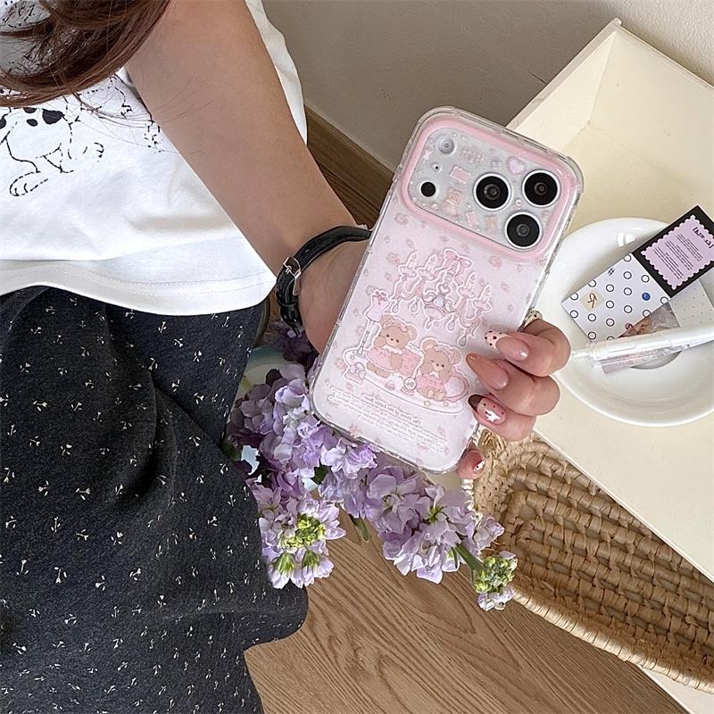 Cute Kawaii Pink Plaid Teddy Bear Phone Case For iPhone 16 15 14 13 Glitter Chandelier Print Protective Cover for Girls