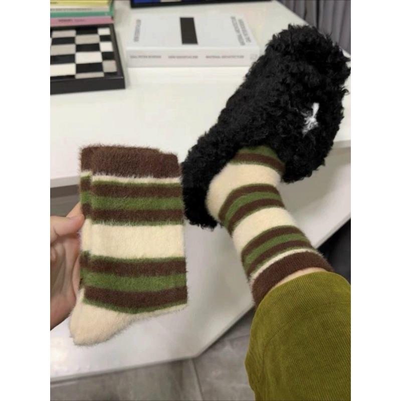 

Теплые плюшевые носки на осень и зиму, носки из норкового флиса в стиле ретро с цветными блоками и полосками, утолщенные флисовые послеродовые носки для девочек 1 pair