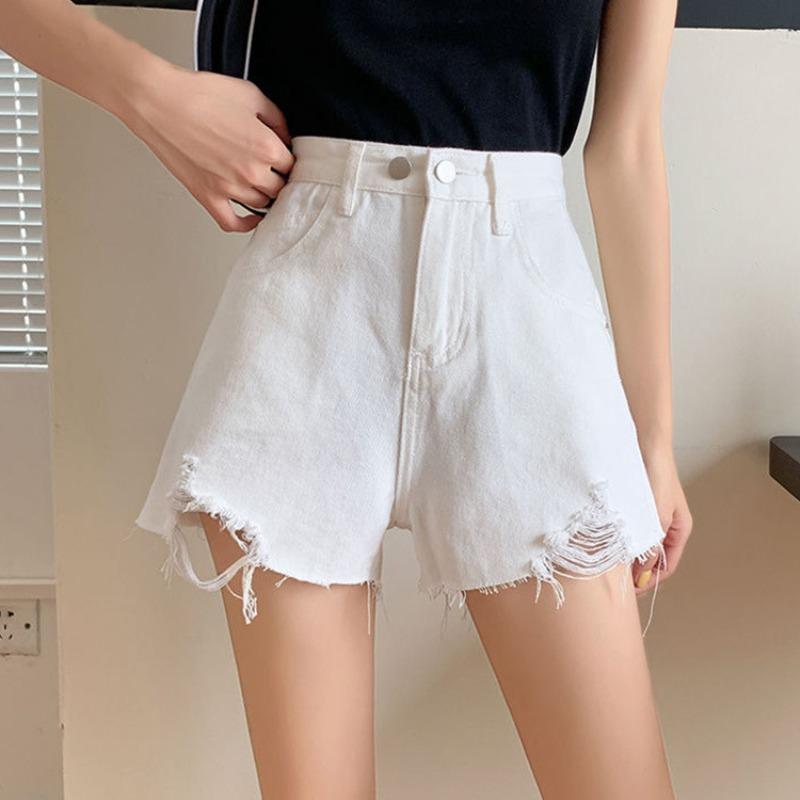 Ripped denim shorts summer new straight loose high and thin high waist wide leg jeans women