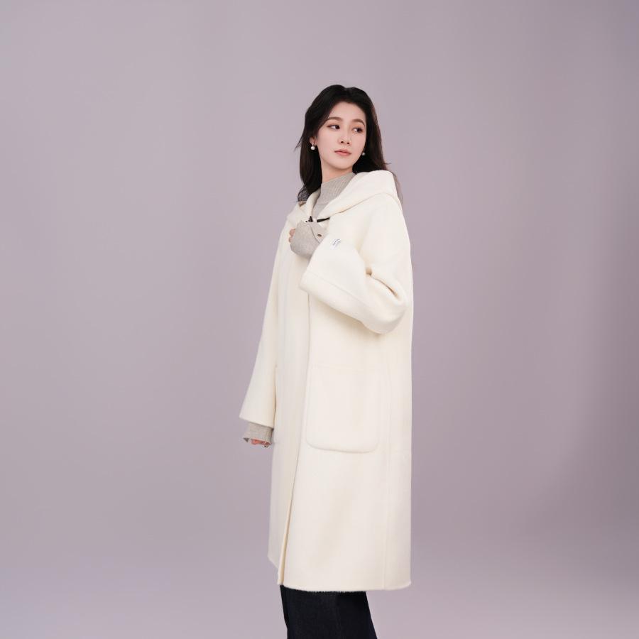 Light luxury celebrity fashion sense loose hooded double-sided nylon wool double-sided solid color 3016