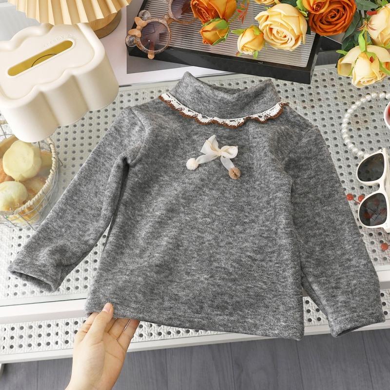 

Повседневные однотонные футболки с воротником-стойкой и бантом для маленьких мальчиков и девочек, детская одежда с длинным рукавом, теплые футболки для осени и зимы 90 серый