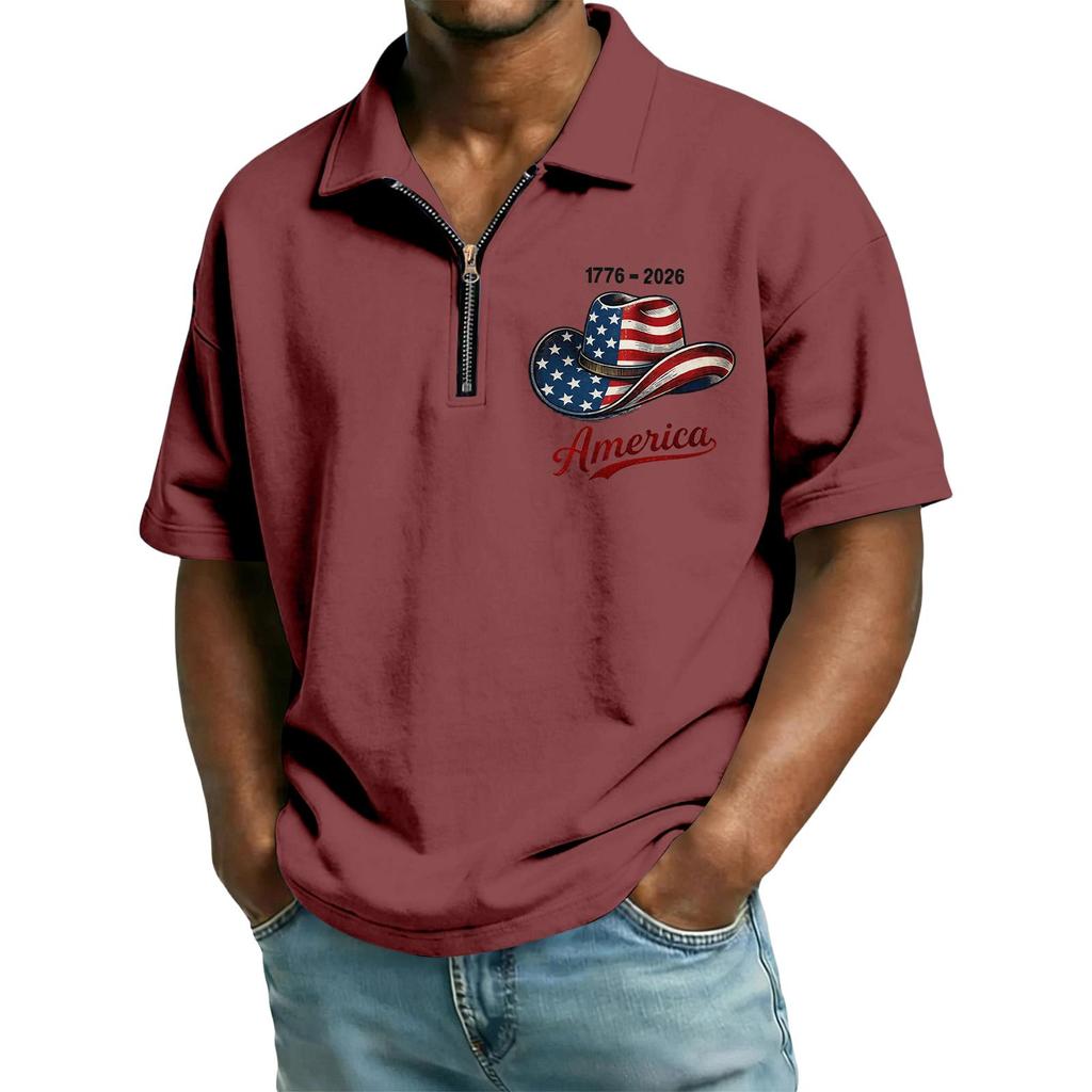 Men's Casual Loose Fit Polo Shirt with Flag and Lettering Print Half Zip Collar Short Sleeve Top for Everyday Wear