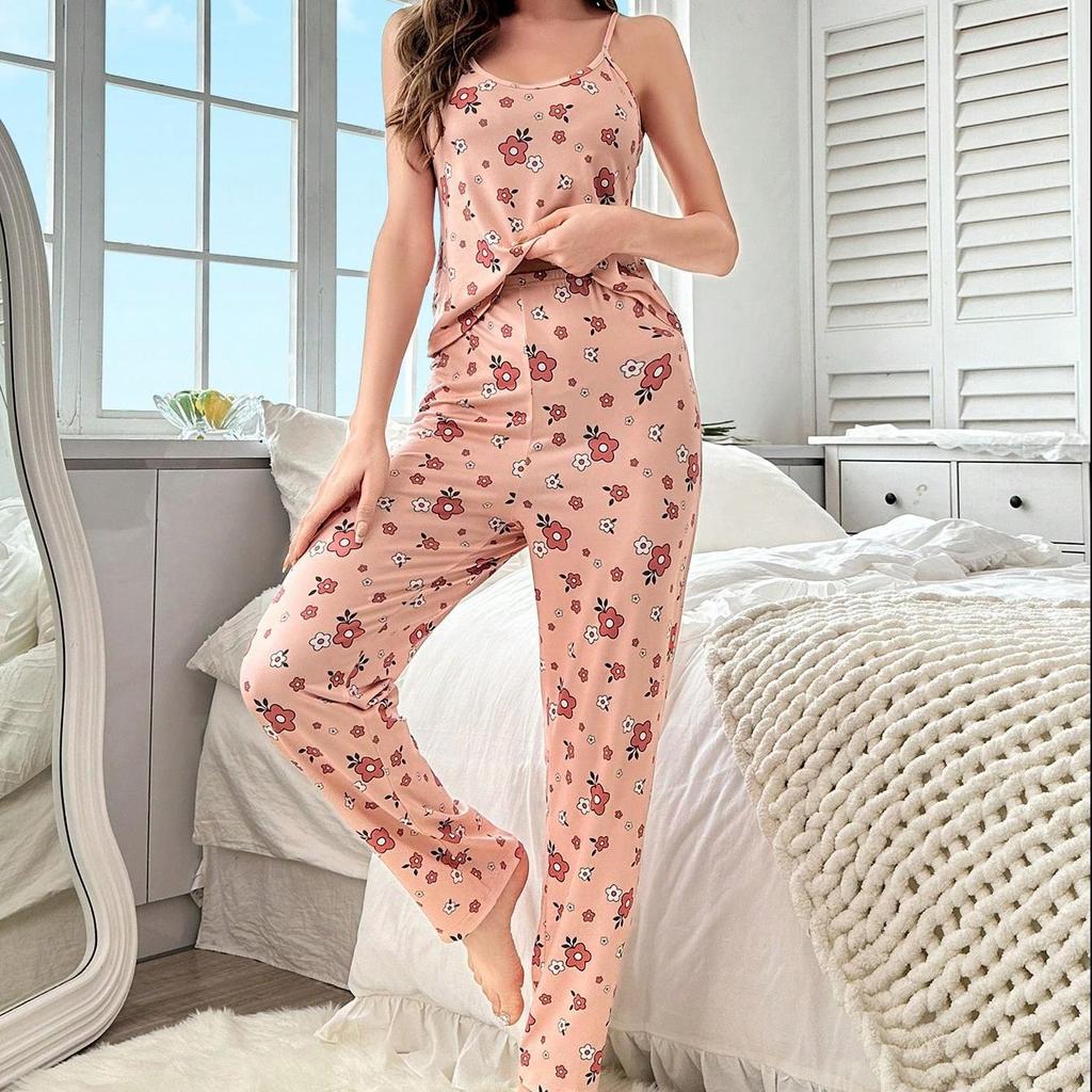 Summer Pajamas Set Women Shorts&Sleeveless Set Round Neck Sleepwear Young Girls Pink Flower Print Print Loungewear Homewear Pyjamas