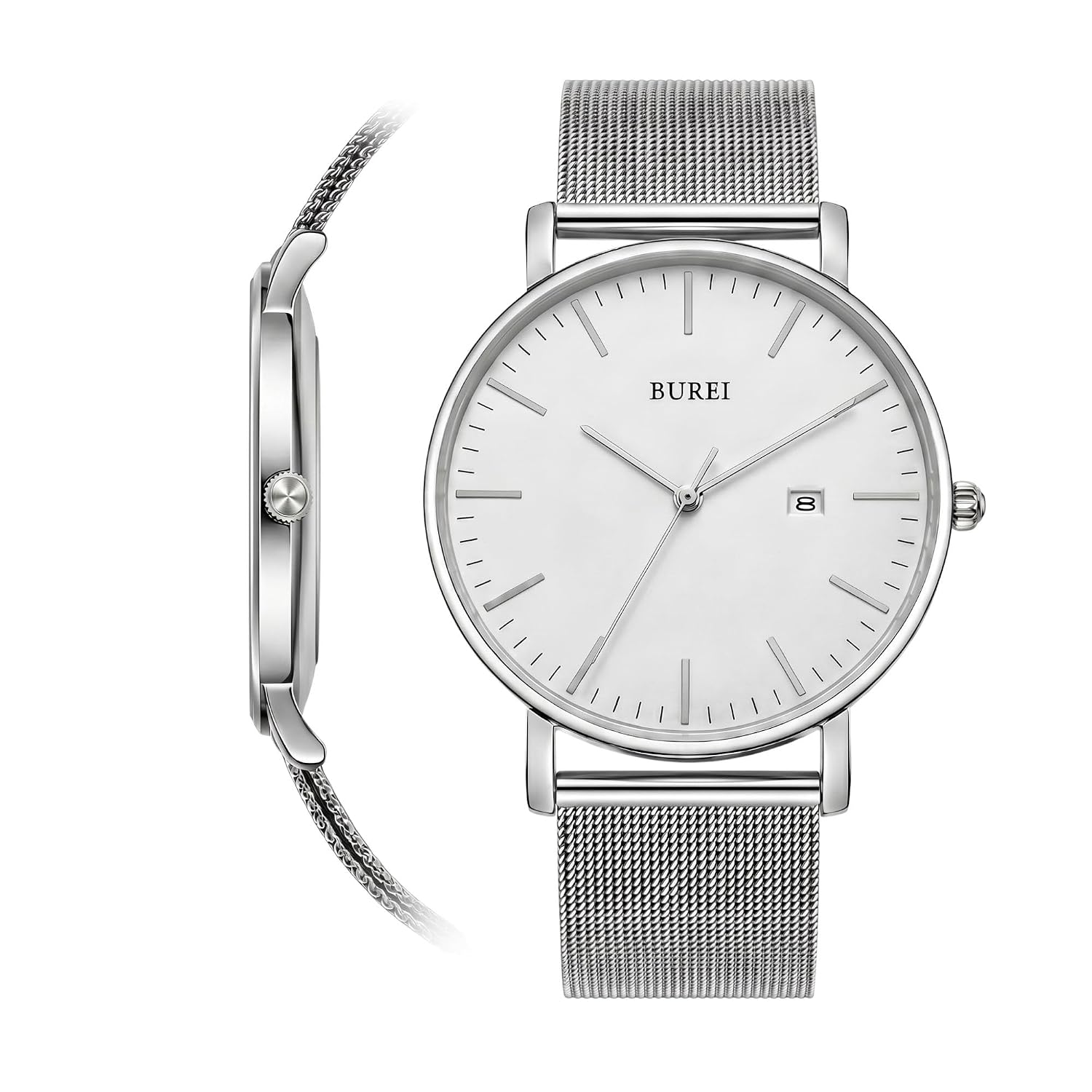 BUREI Mens Watch Analog Quartz Waterproof Date Silver Popular Brand Wristwatch Simple Stylish Business Milanese Mesh Belt Male