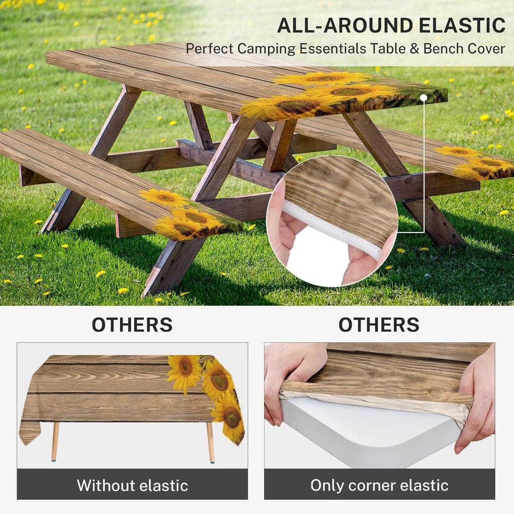 Sunflower Wooden Picnic Table Cover with Bench Covers, Rustic Summer Floral Farmhouse Outdoor Camping Essentials 6FT 3PCS Fitted Rectangle RV Must