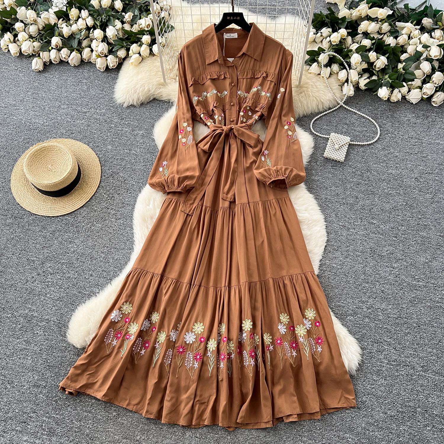 

Винтажное сексуальное платье с длинным рукавом, вышивкой, шнуровкой и пуговицами, шикарные пляжные платья в стиле фейрикор для отпуска, женская одежда One Size кофейный