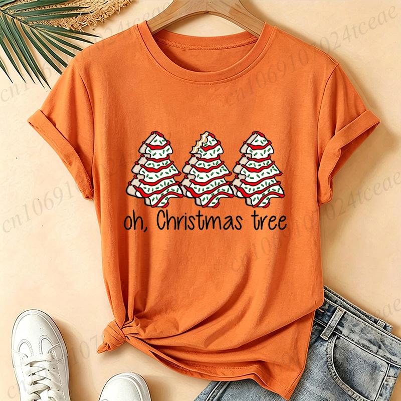 Women Oh, Christmas Tree Graphic T Shirt Vintage Aesthetic Tees Snack Cakes Christmas Print Short Sleeve Casual Streetwear Top
