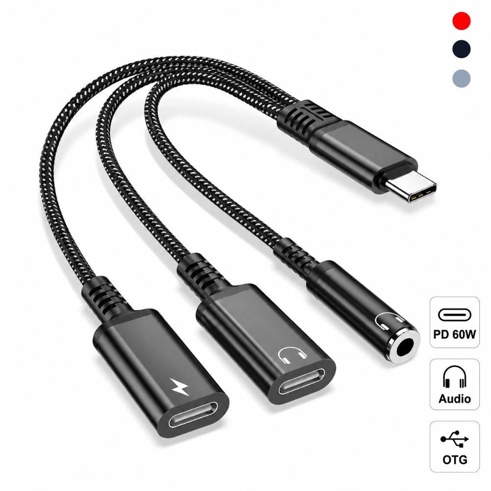 Dual Type-C Port Type-C Audio Adapter 3 In 1 Type-C Splitter Dongle  for Laptop Phone Tablet