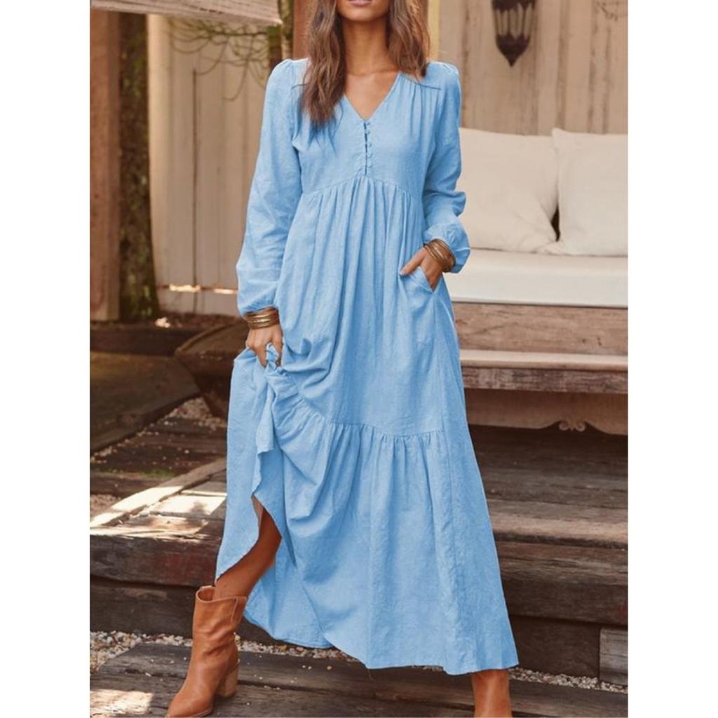 Autumn Spring Women's Vintage Style Long Dress Casual V-Neck Long Sleeve Loose Maxi Dresses Female Elegant Women's Clothing