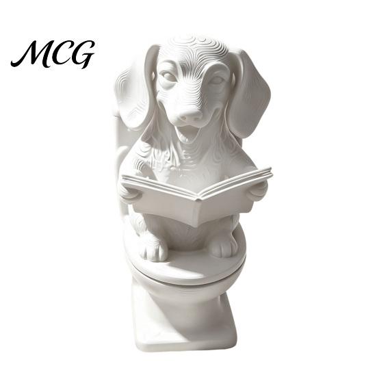 Whimsical Dog Desk Accessory 3D Printed Funny Dachshund Figurine, Sitting on Toilet Reading Book, Waterproof Matte White Decor Novelty Book белый