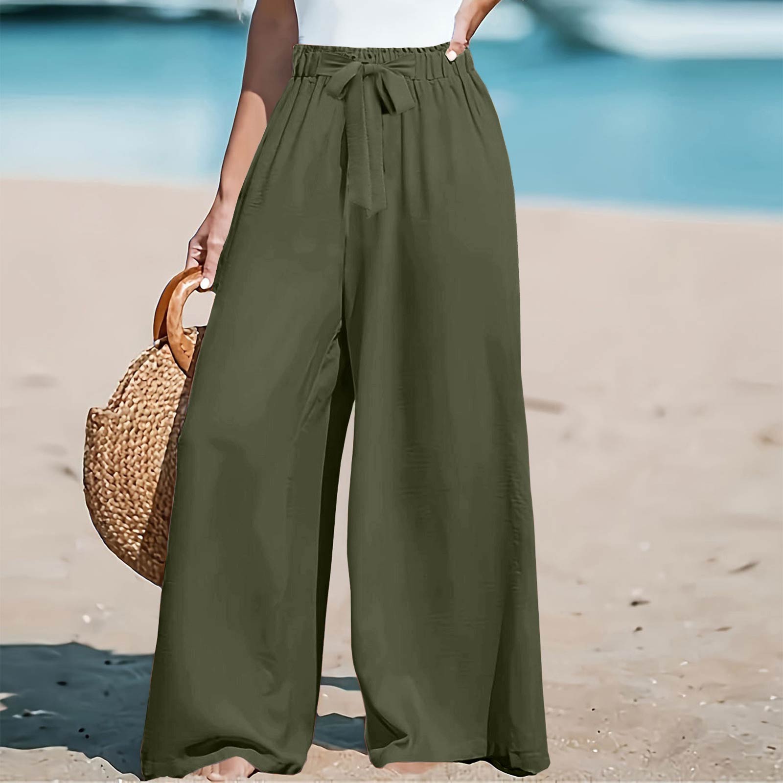 Women s Fashionable Casual Loose Fit Breathable Drawstring Wide Leg Straight Leg Pants L