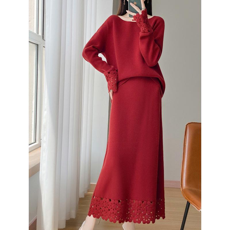 Autumn/Winter Pure Wool Knit Two-Piece Set: Round Neck Long Sleeve Top & Mid-Length Hollow Crochet Skirt