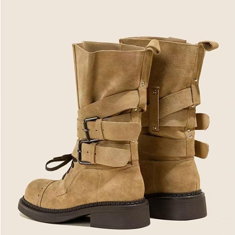 Fashion Luxury Faux Suede Mid-calf Motorcycle Boots Women Fashions Belt Buckle Design Chunky Platform Boots Western Cowboy Botas Mujer