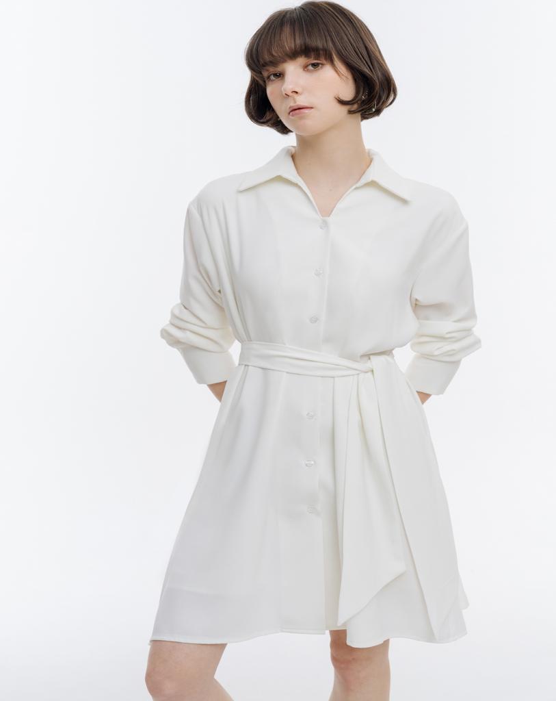 Ish Classic V-Neck Back Pleated Shirt Dress (White)
