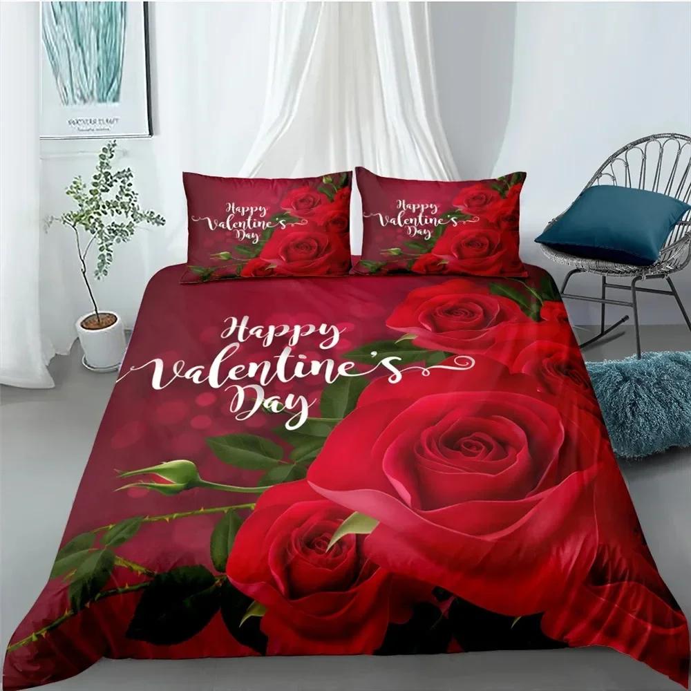 Valentine's Day Wedding Rose Flower Comfortable Duvet Cover Pillowcase Bedding Set Children Bedroom Decoration Home Textile