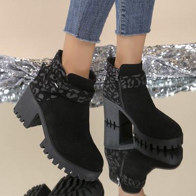 Women's Thick High-heeled Leopard Print Boots Autumn and Winter New European and American Style Side Zipper Versatile Ankle Boots