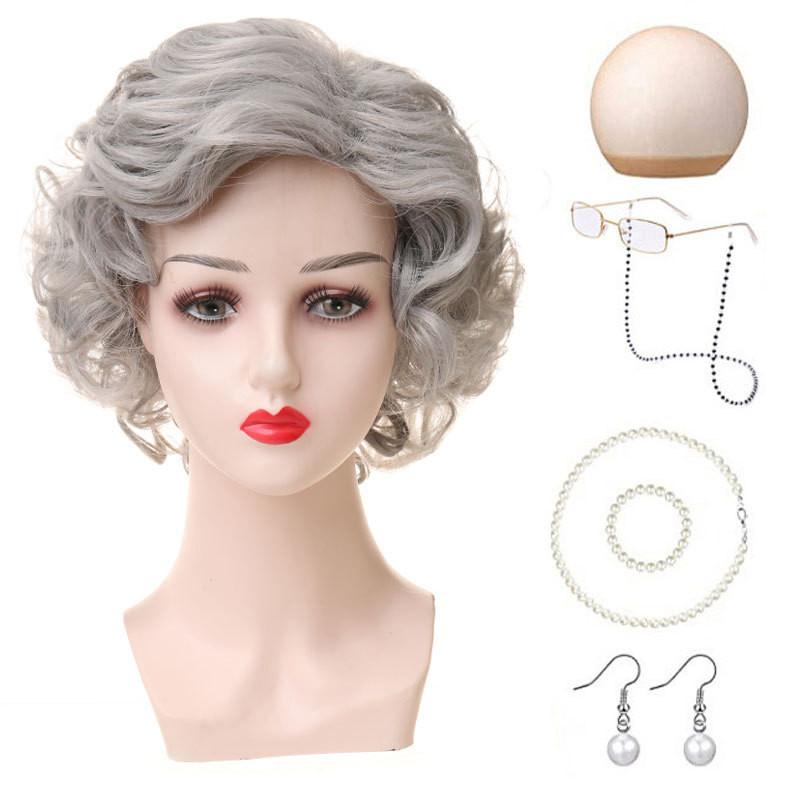 Versatile Short Curly Costume Wig Set For Grandmother Character Halloween Dress Up