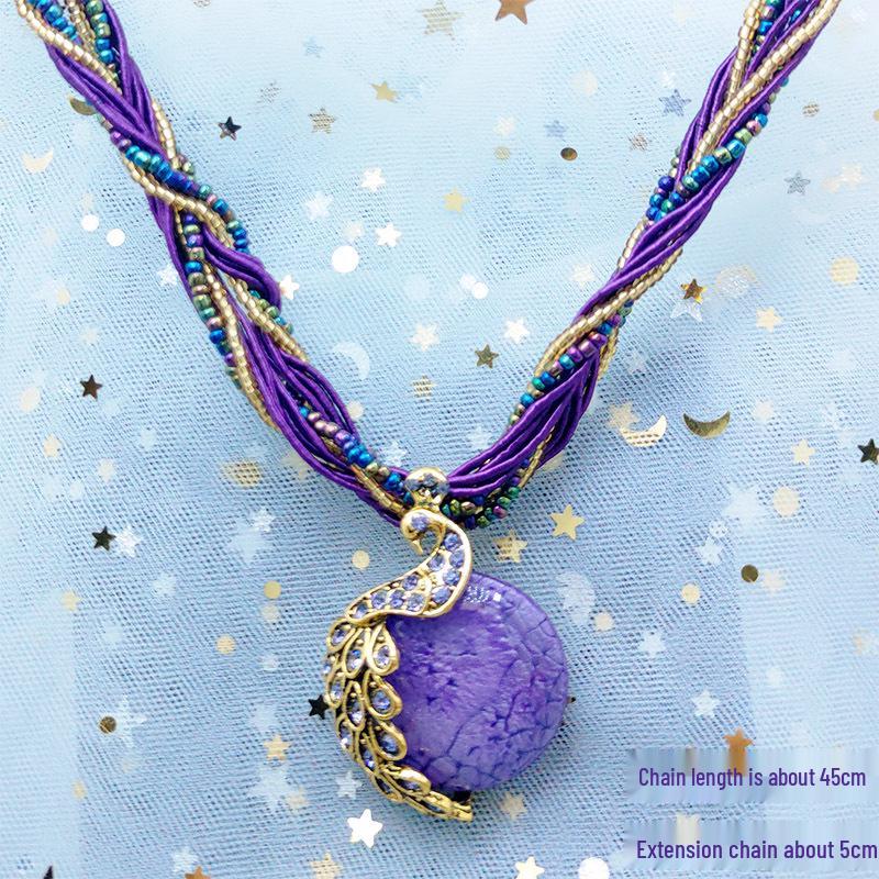 Bohemian Ethnic Style Vintage Glass Water Drop Leaf Pendant Necklace