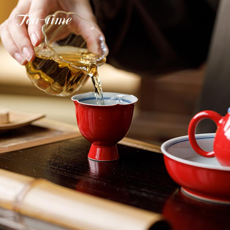 Hand Painted Double-Line Ceramic Tea Cup Forbidden City Red  Waist Tea Cups High-foot Teacups Mate Puera Unusual Porcelain Maker