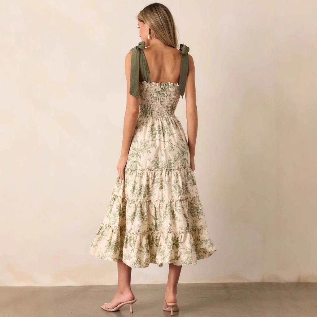 Women's Spaghetti Strap Sleeveless A-Line Midi Dress Floral Print Summer Casual