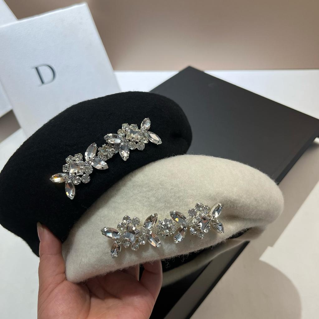 Niche Light Luxury Rhinestone Beret Female Wool Painter Hat Irregular Three-Dimensional Bud Hat Tide