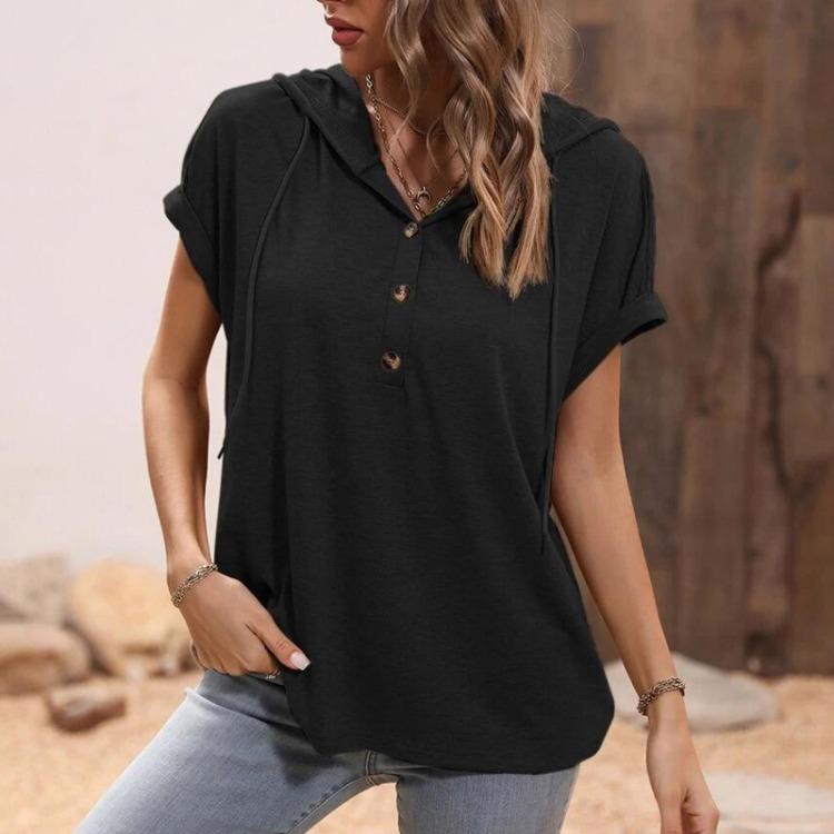 Women's Casual Loose Short Sleeve T Shirt Top Solid Color Hooded Button Drawstring Fashion