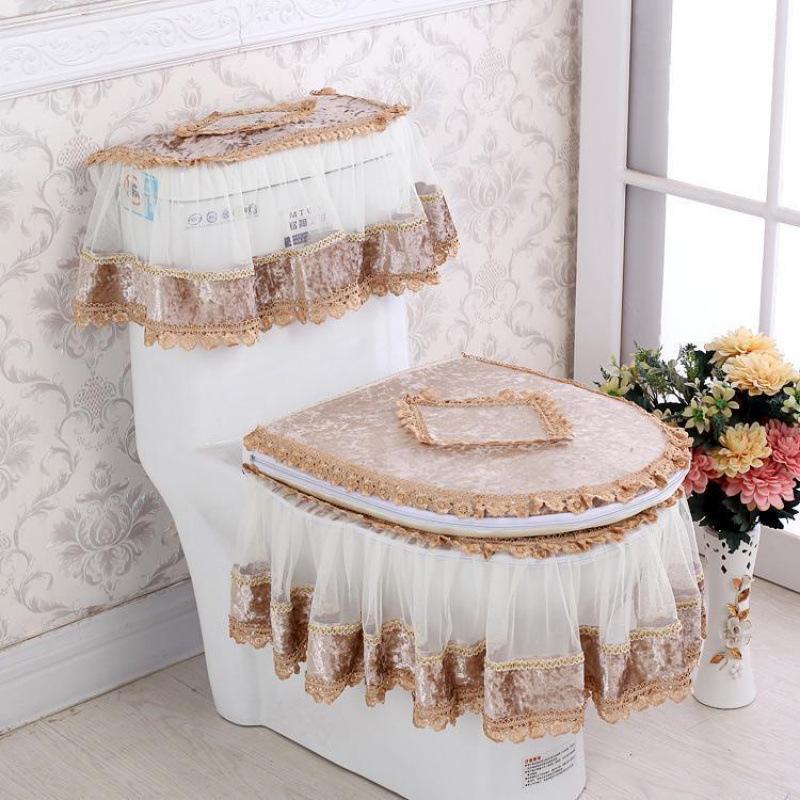 Universal European Style Double-Sided Toilet Seat Cover Set with Zippered Lace Fabric - All Seasons, Three-Piece Set.