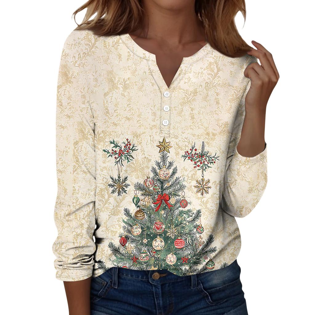 Damska koszulka z nadrukiem świątecznym, guzikami, długim rękawem, codzienna, weekendowa, modna, podstawowa, dekolt w serek, regularna góra