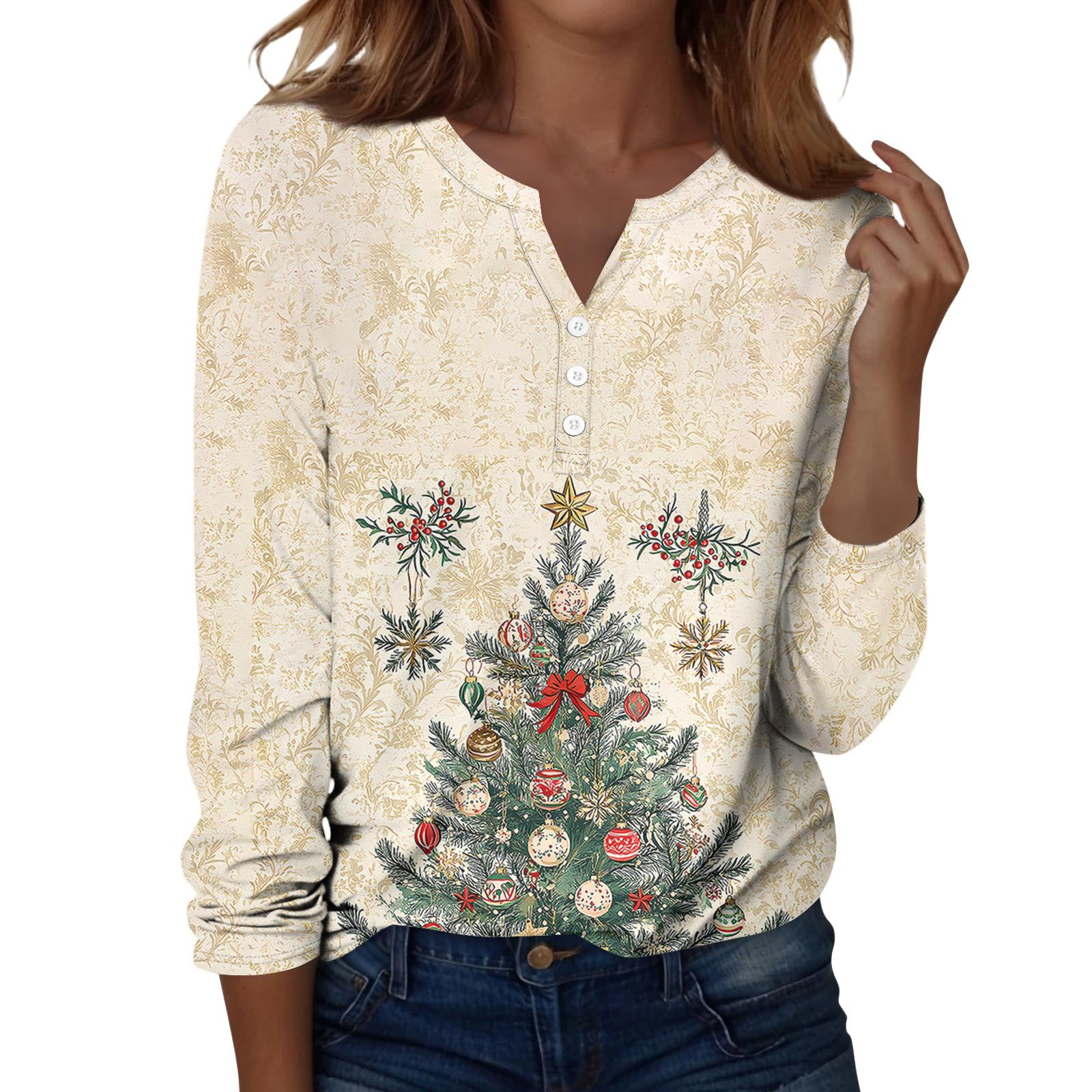 

Женская футболка с рождественским принтом на пуговицах с длинным рукавом, повседневная, выходного дня, модная, базовая, с V-образным вырезом, обычная L бежевый